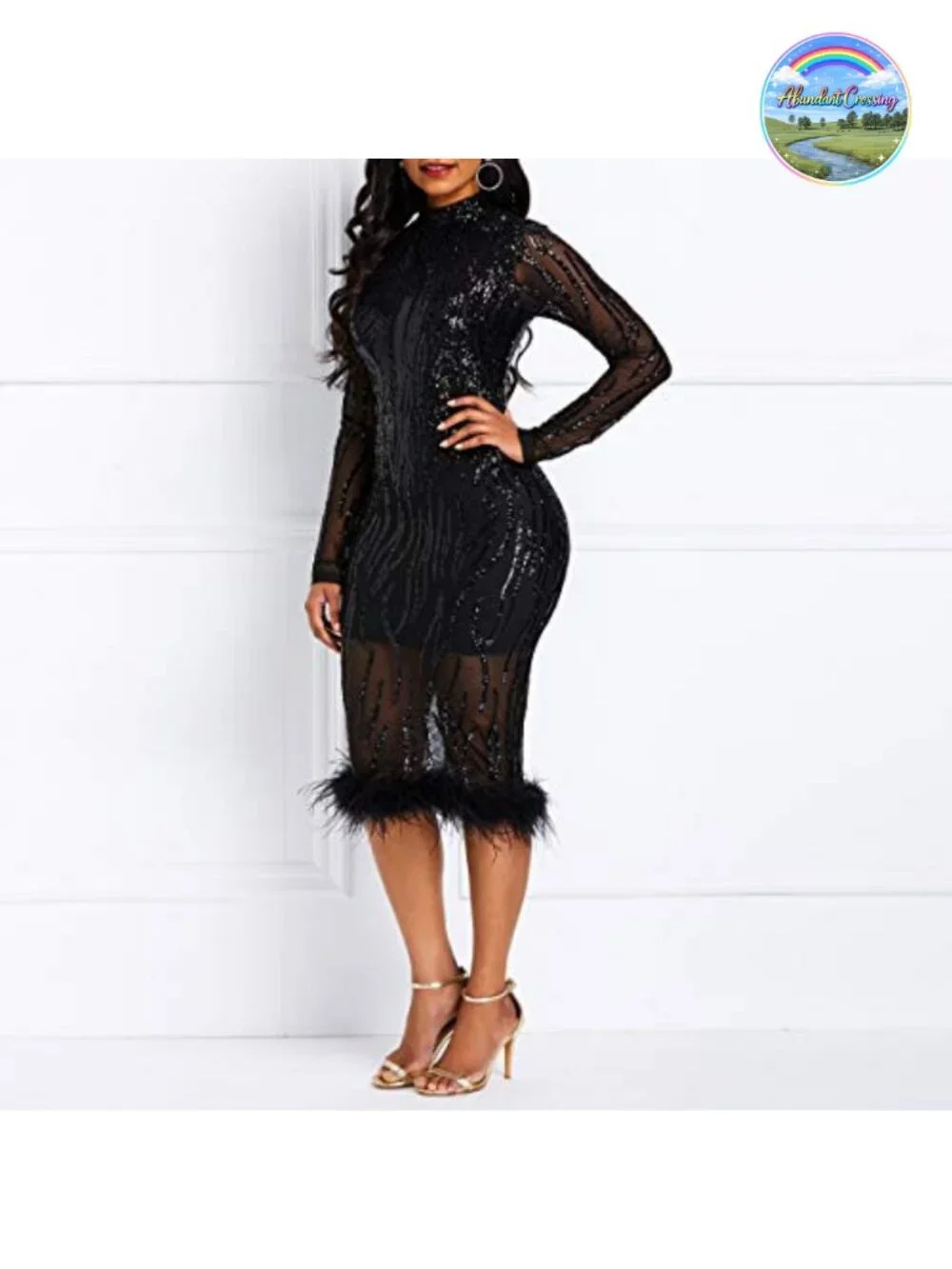 Sequins Patchwork Bodycon Maxi Dress Long Sleeve Plume High Neck